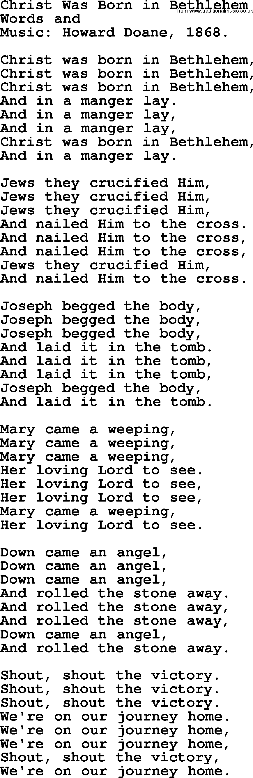 Christmas Hymns, Carols and Songs, title: Christ Was Born In Bethlehem, lyrics with PDF