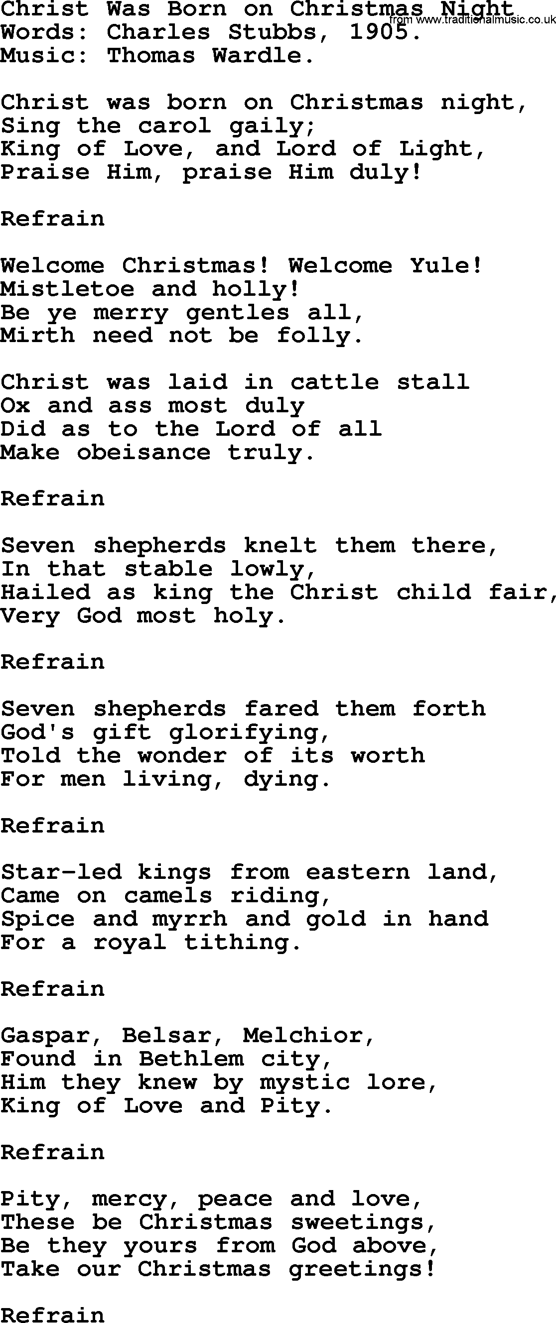 Christmas Hymns, Carols and Songs, title: Christ Was Born On Christmas Night, lyrics with PDF