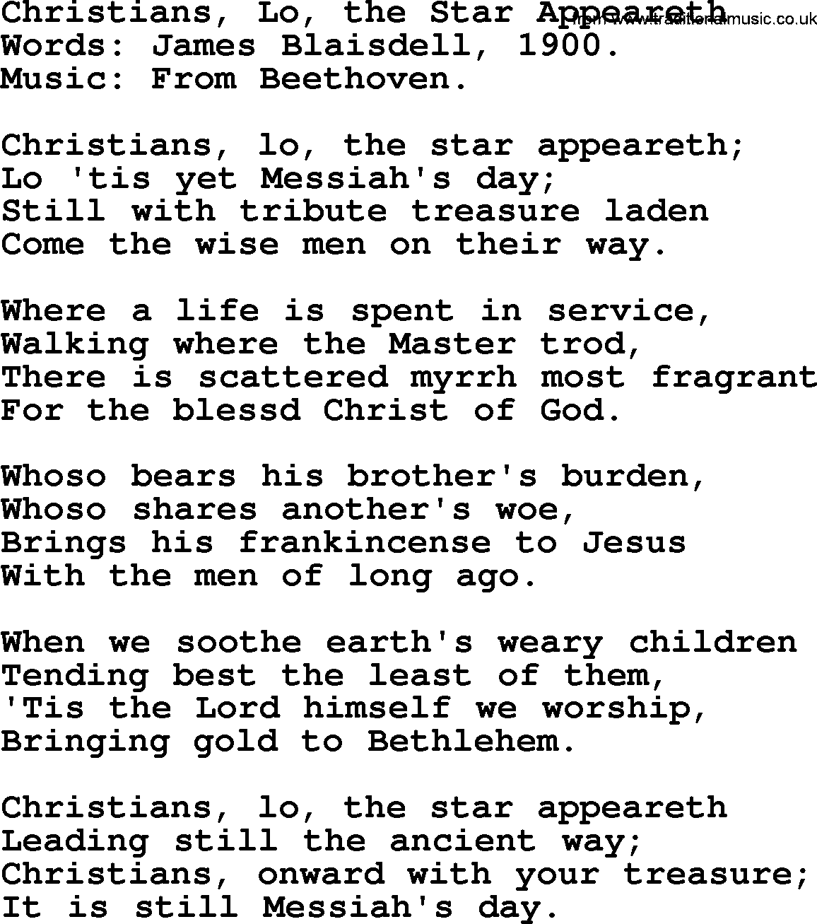 Christmas Hymns, Carols and Songs, title: Christians, Lo, The Star Appeareth, lyrics with PDF