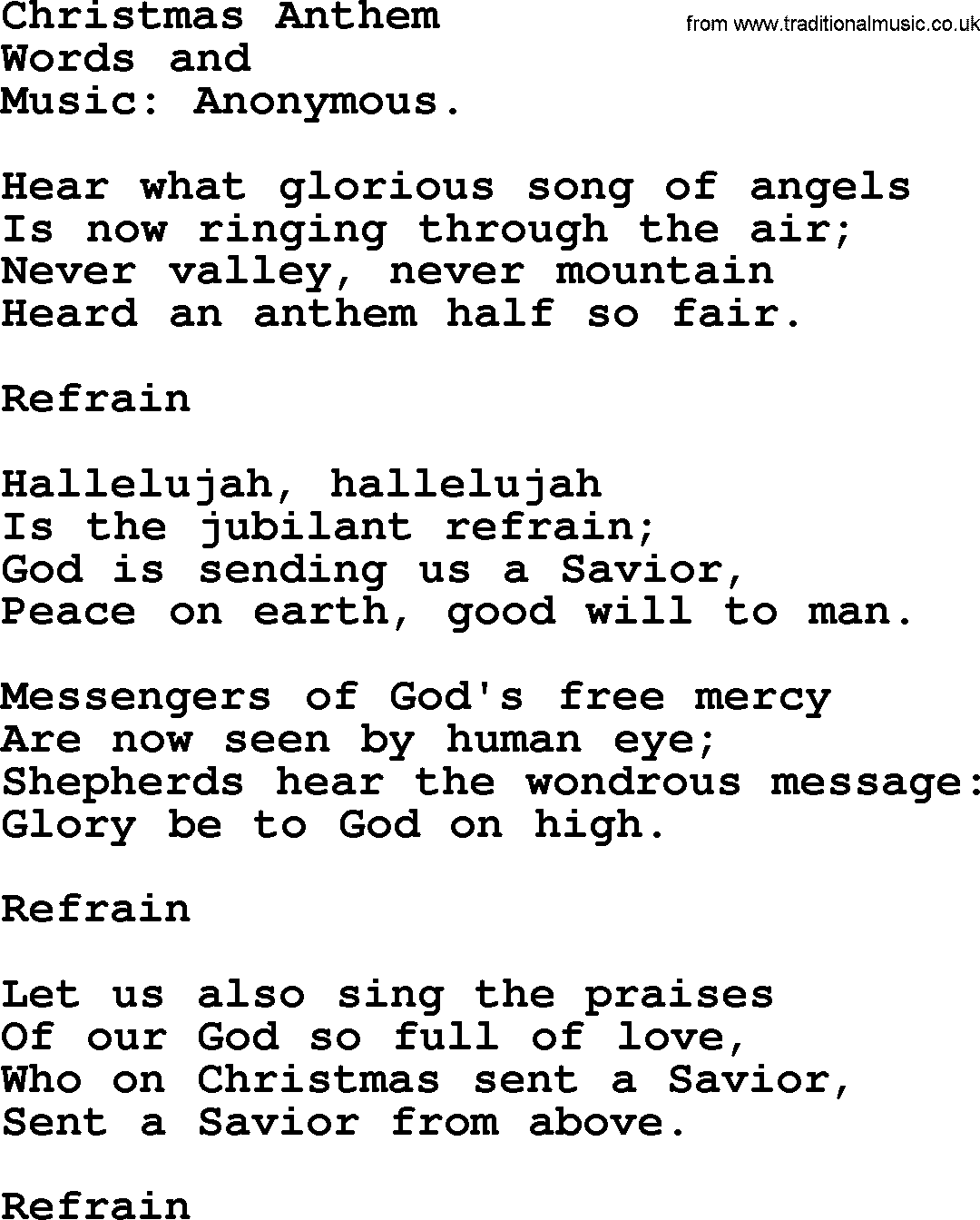 Christmas Hymns, Carols and Songs, title: Christmas Anthem, lyrics with PDF