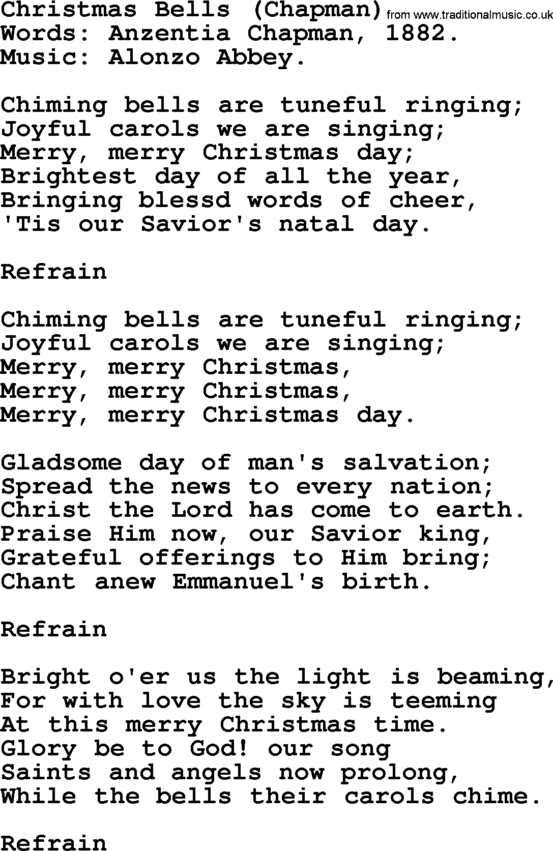 Christmas Hymns, Carols and Songs, title: Christmas Bells (chapman), lyrics with PDF