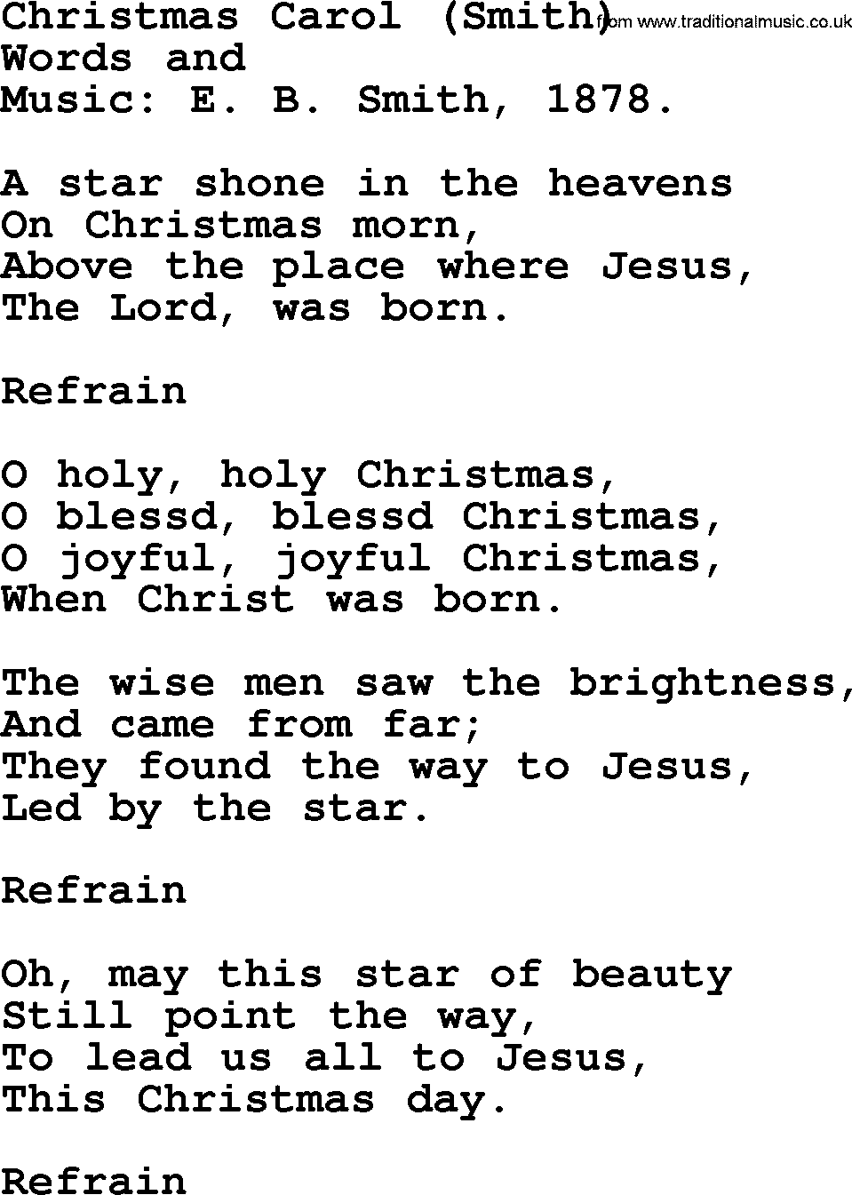 Christmas Hymns, Carols and Songs, title: Christmas Carol (smith), lyrics with PDF