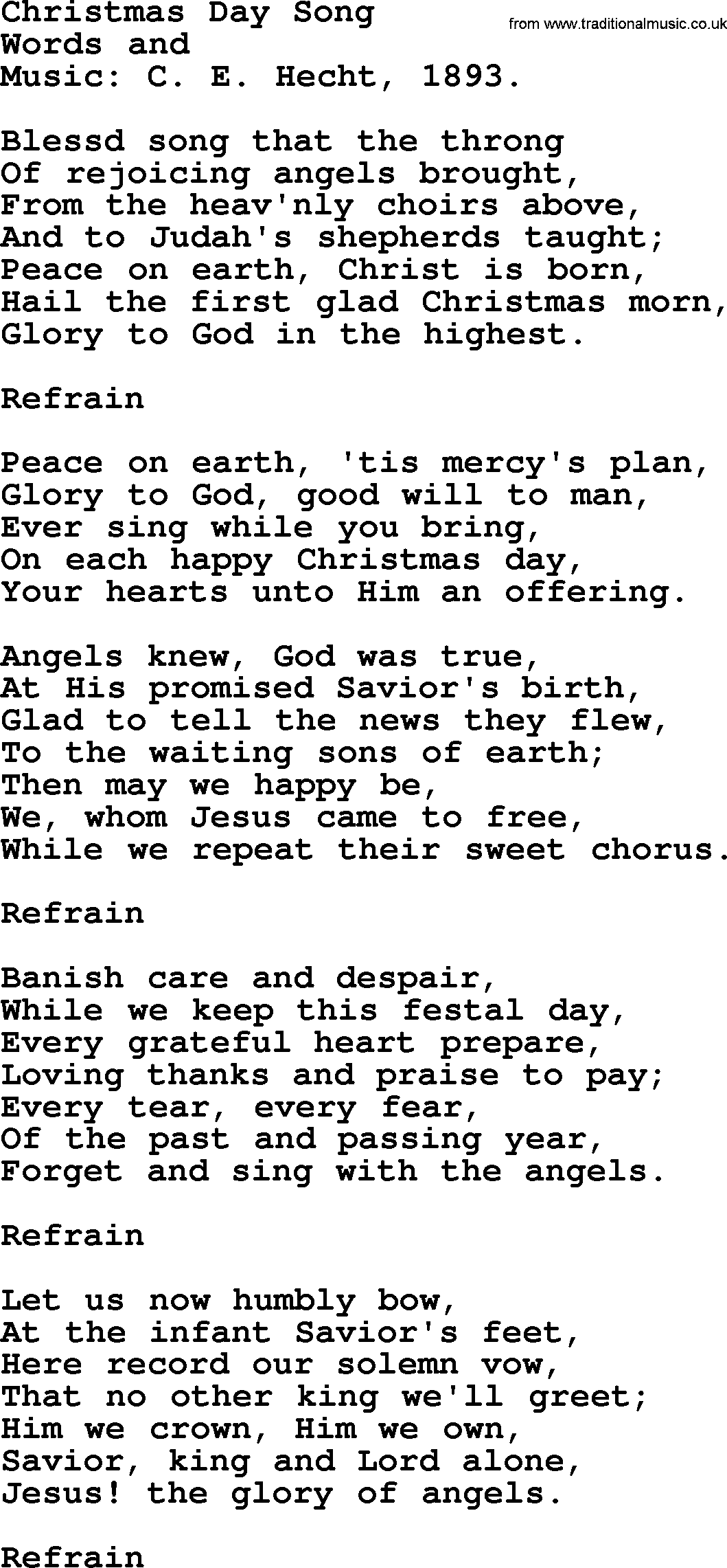 Christmas Hymns, Carols and Songs, title: Christmas Day Song, lyrics with PDF