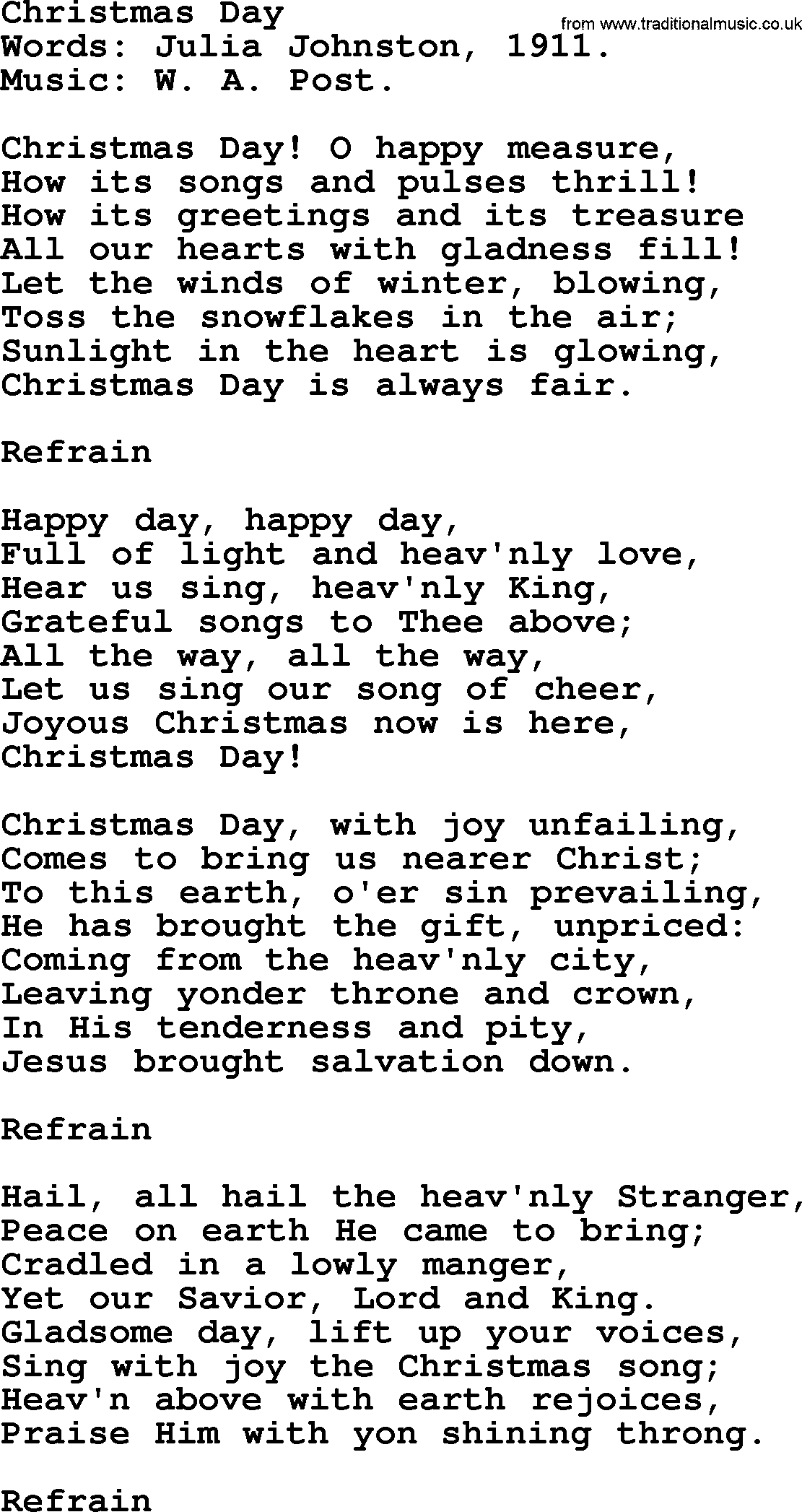 Christmas Hymns, Carols and Songs, title: Christmas Day, lyrics with PDF