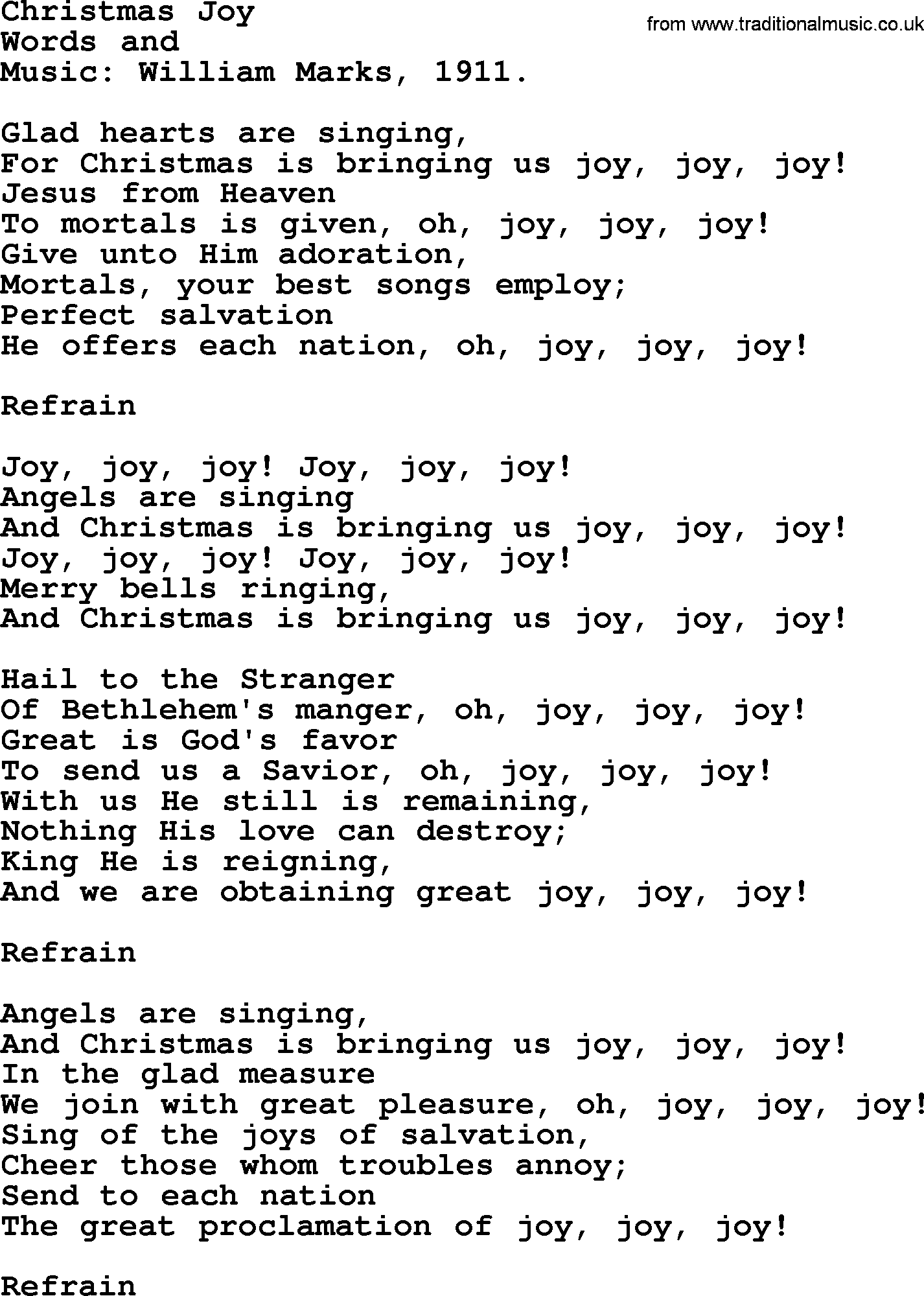 Christmas Hymns, Carols and Songs, title: Christmas Joy, lyrics with PDF