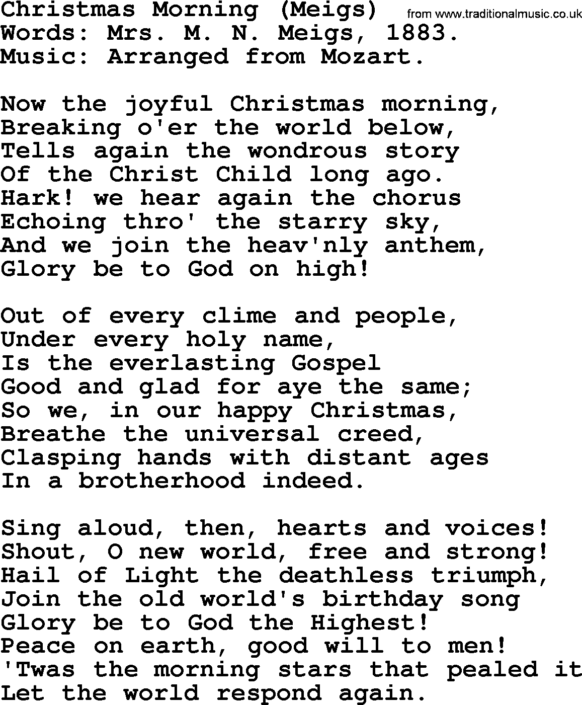 Christmas Hymns, Carols and Songs, title: Christmas Morning (meigs), lyrics with PDF