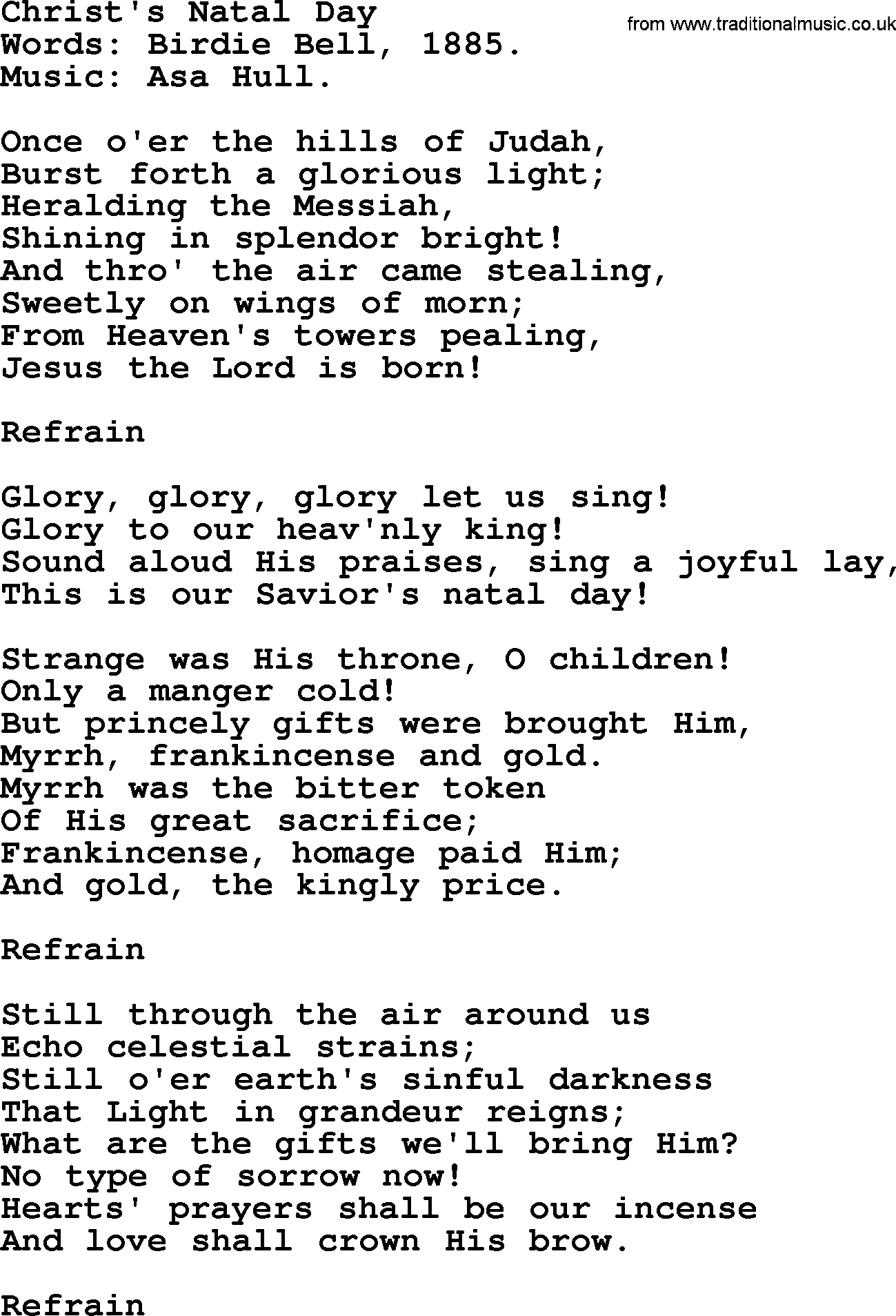 Christmas Hymns, Carols and Songs, title: Christ's Natal Day, lyrics with PDF