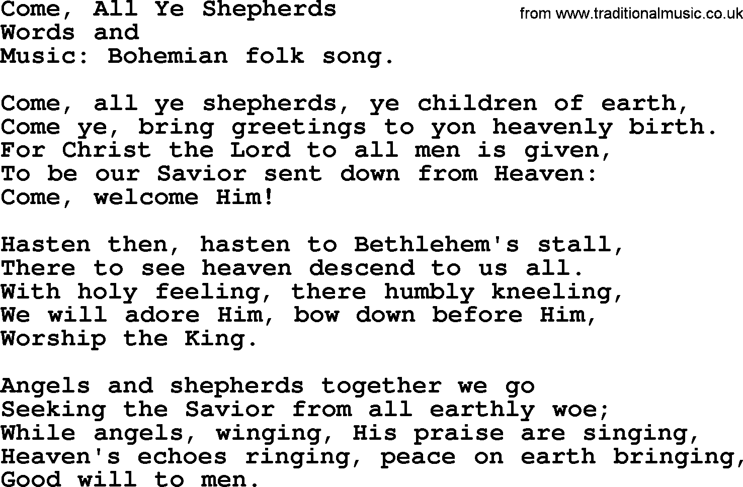 Christmas Hymns, Carols and Songs, title: Come, All Ye Shepherds, lyrics with PDF