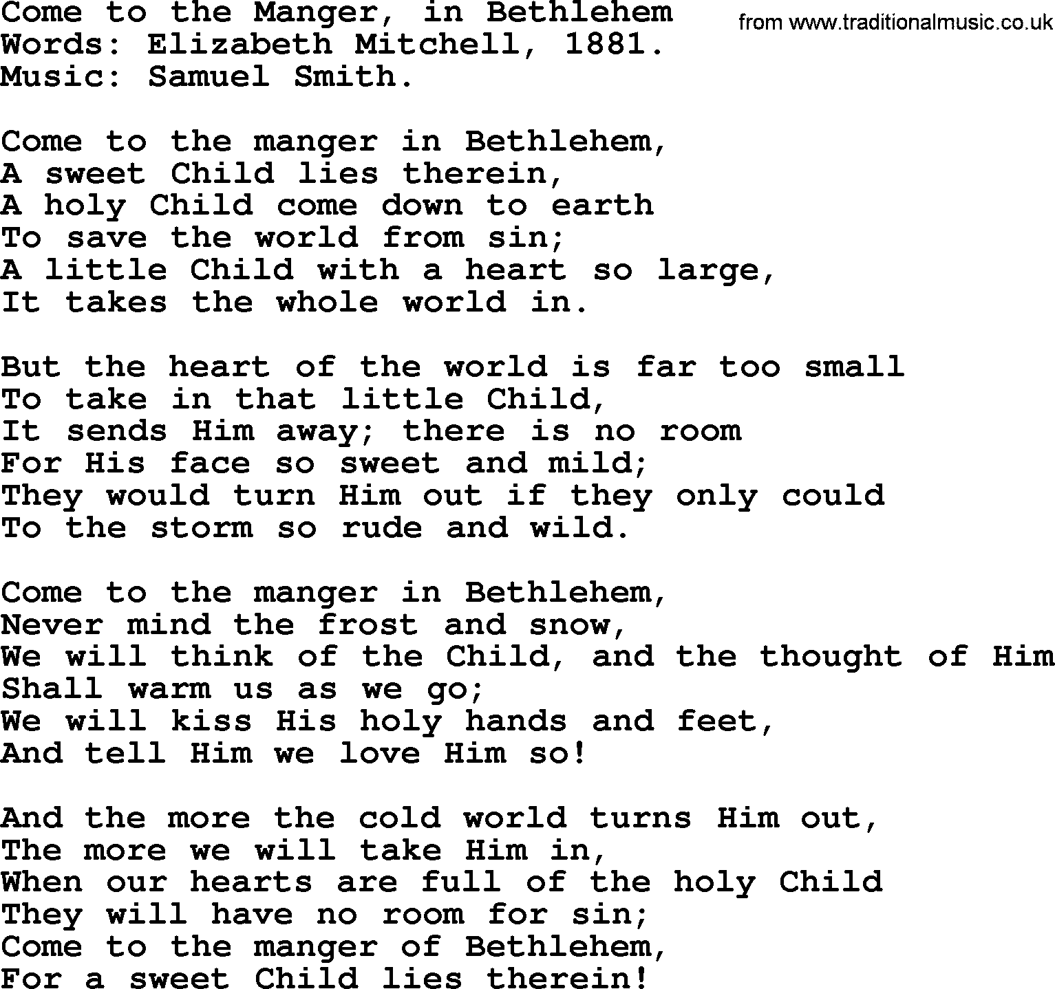 Christmas Hymns, Carols and Songs, title: Come To The Manger, In Bethlehem, lyrics with PDF