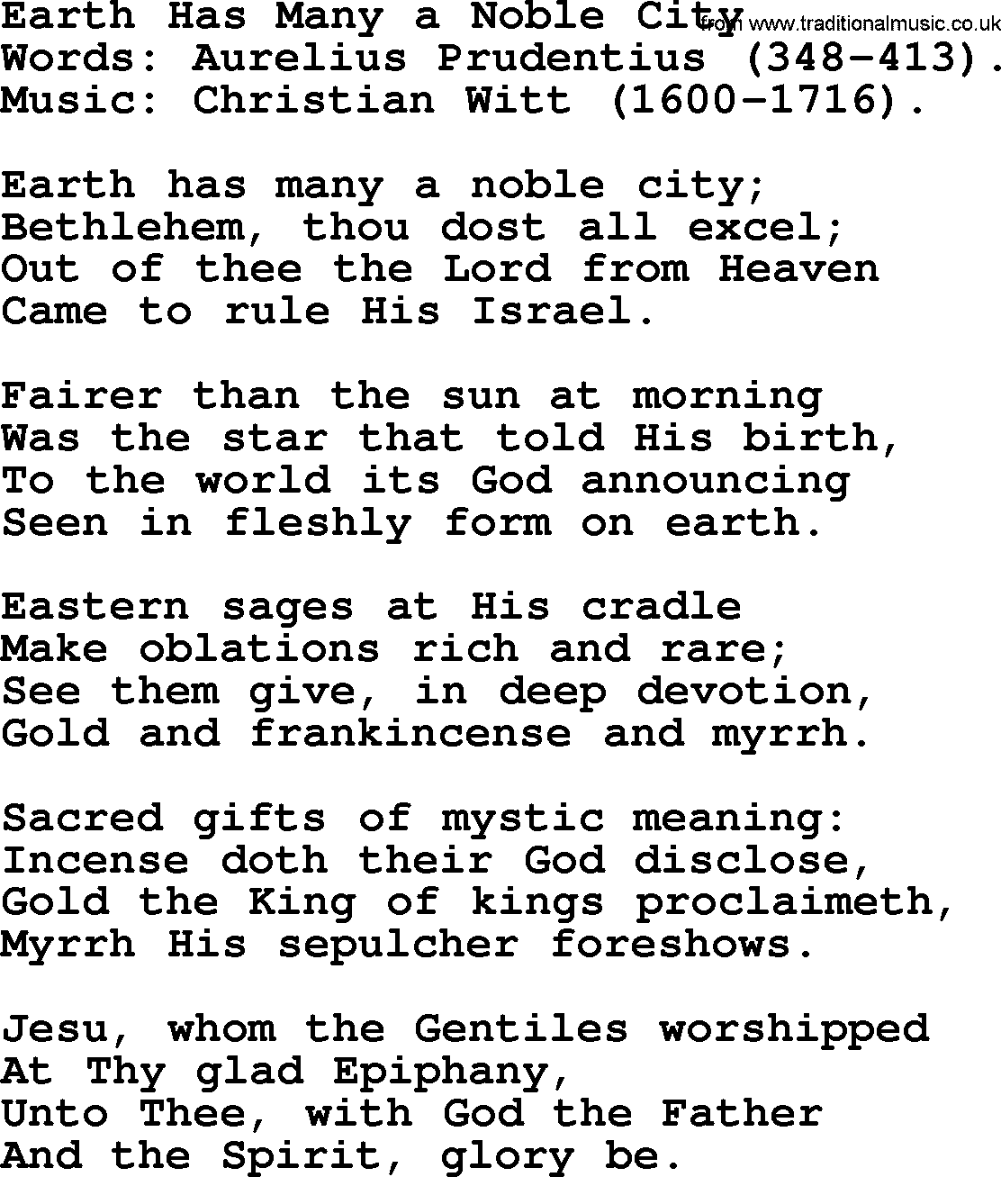 Christmas Hymns, Carols and Songs, title: Earth Has Many A Noble City, lyrics with PDF