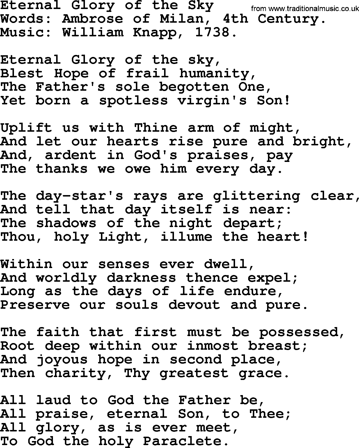 Christmas Hymns, Carols and Songs, title: Eternal Glory Of The Sky, lyrics with PDF