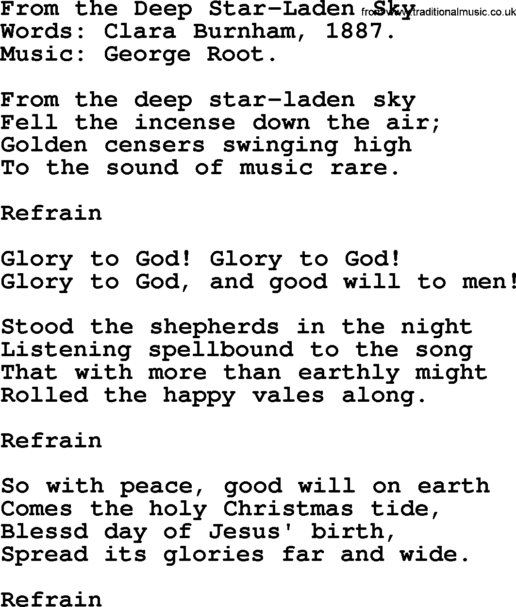 Christmas Hymns, Carols and Songs, title: From The Deep Star-laden Sky, lyrics with PDF