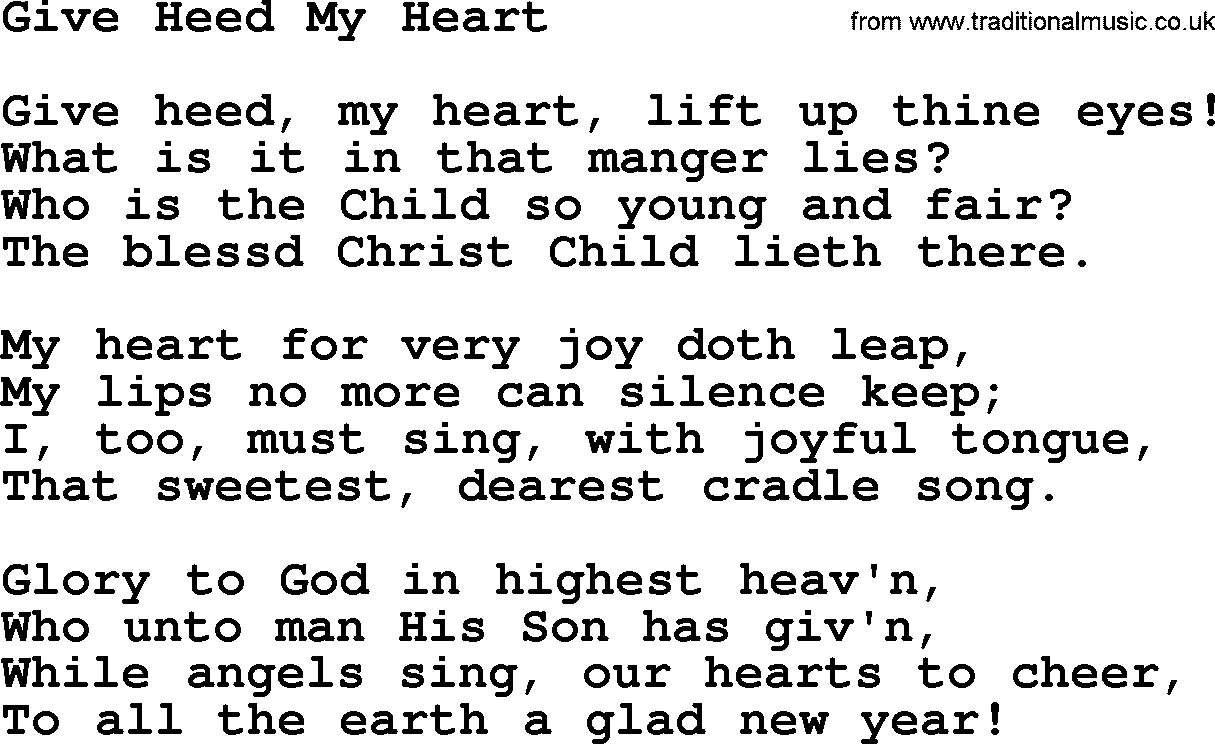 Christmas Hymns, Carols and Songs, title: Give Heed, My Heart, lyrics with PDF