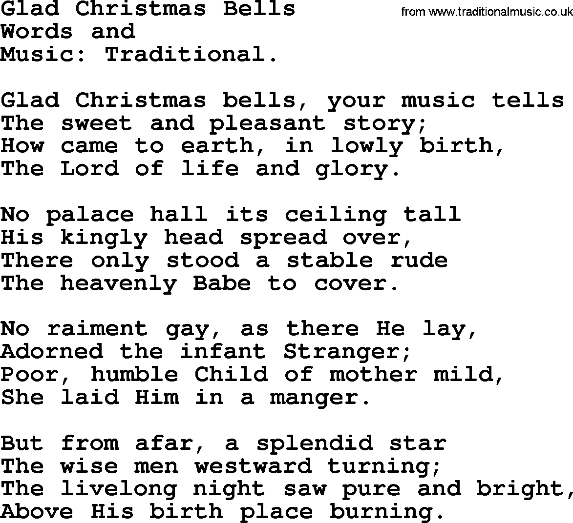Christmas Hymns, Carols and Songs, title: Glad Christmas Bells, lyrics with PDF
