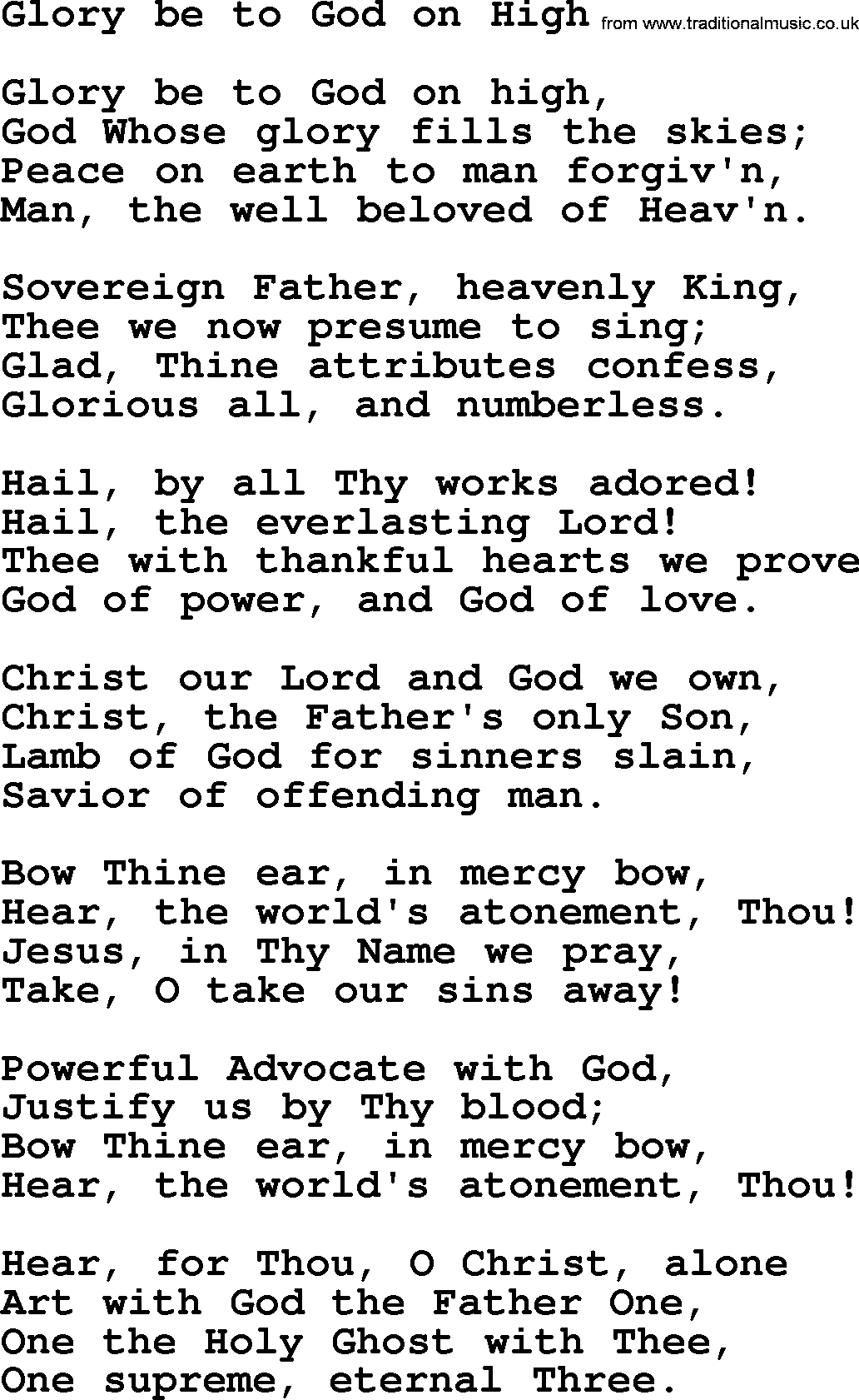 Christmas Hymns, Carols and Songs, title: Glory Be To God On High, lyrics with PDF