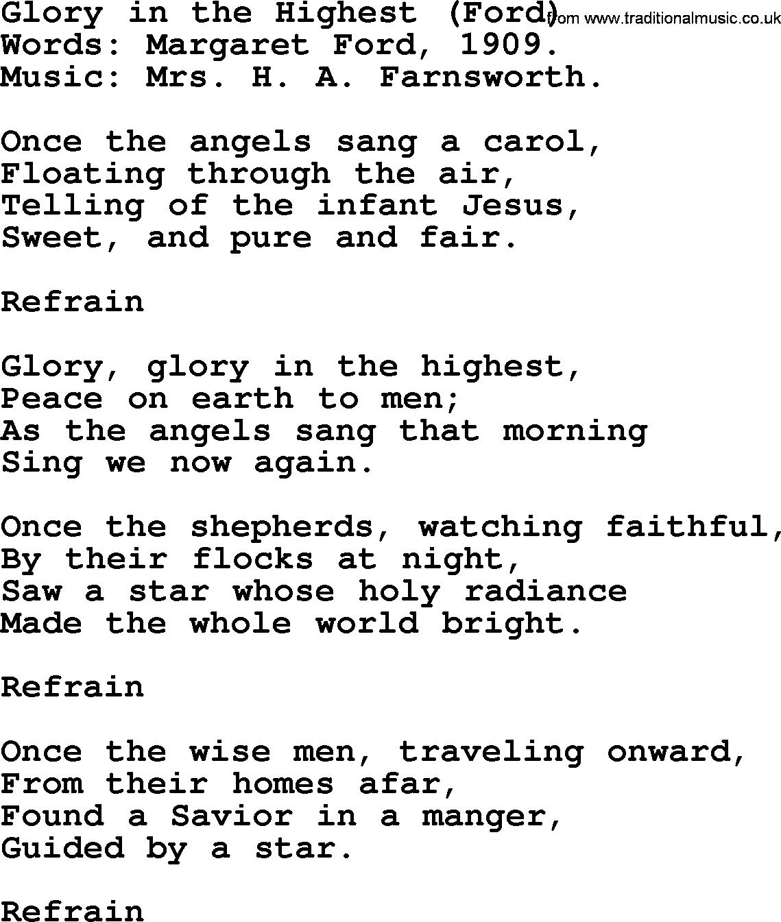 Christmas Hymns, Carols and Songs, title: Glory In The Highest (ford), lyrics with PDF