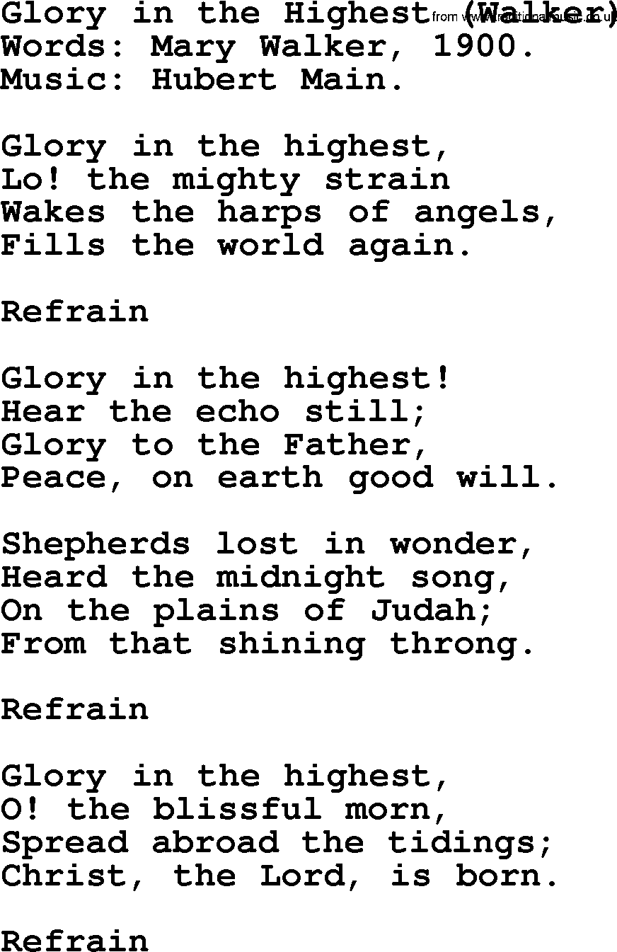 Christmas Hymns, Carols and Songs, title: Glory In The Highest (walker), lyrics with PDF