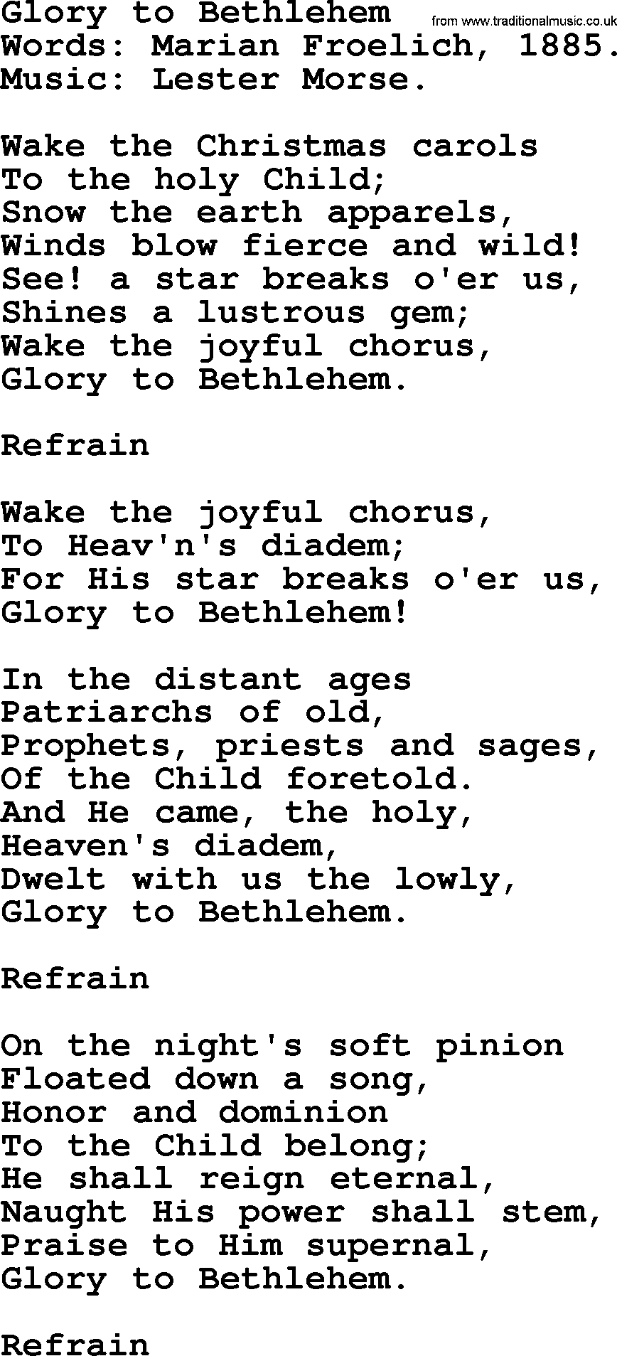 Christmas Hymns, Carols and Songs, title: Glory To Bethlehem, lyrics with PDF