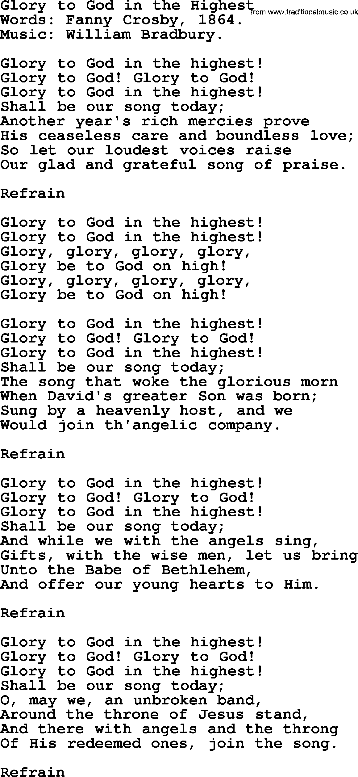 Christmas Hymns, Carols and Songs, title: Glory To God In The Highest, lyrics with PDF