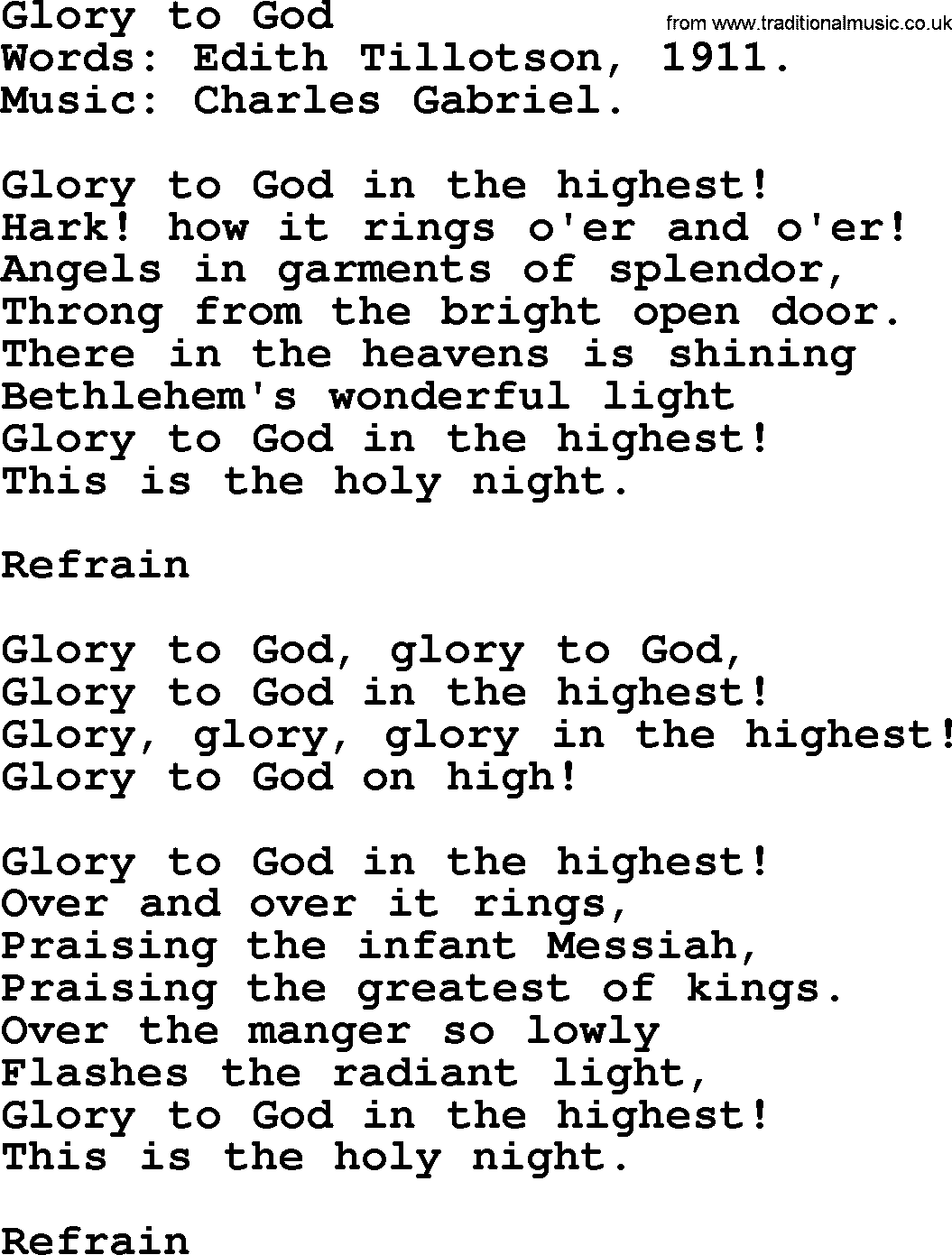 Christmas Hymns, Carols and Songs, title: Glory To God, lyrics with PDF