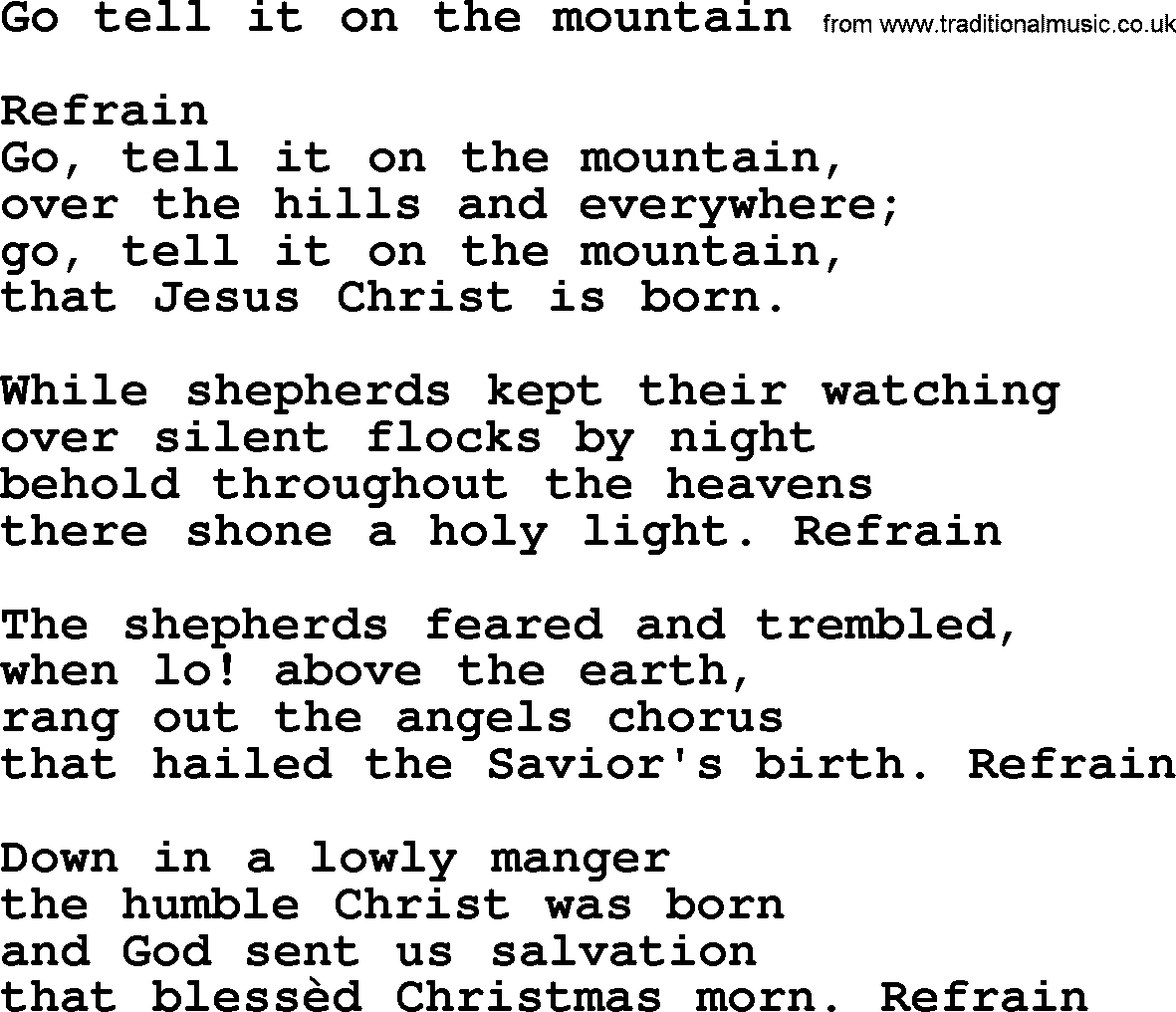 Christmas Hymns, Carols and Songs, title: Go, Tell It On The Mountain, lyrics with PDF