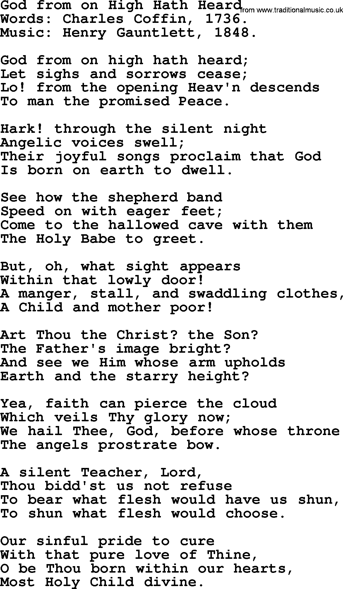 Christmas Hymns, Carols and Songs, title: God From On High Hath Heard, lyrics with PDF