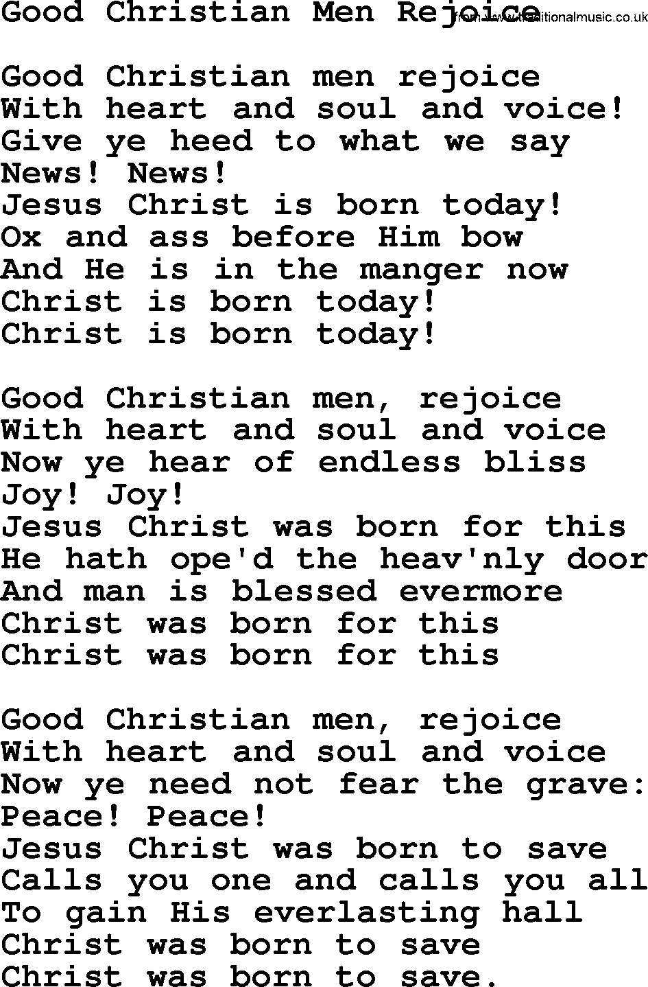 Christmas Hymns, Carols and Songs, title: Good Christian Men, Rejoice, lyrics with PDF