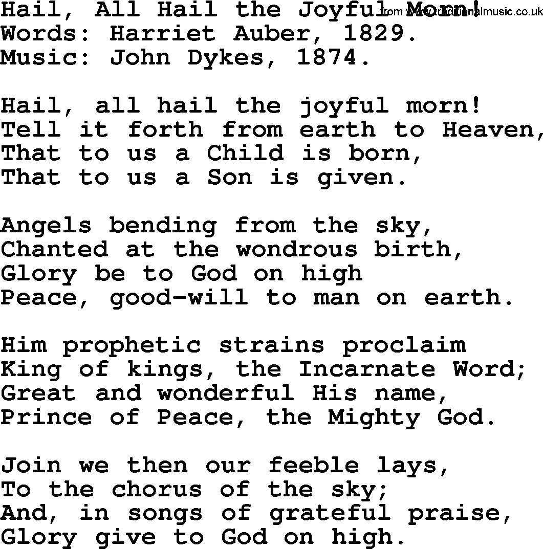 Christmas Hymns, Carols and Songs, title: Hail, All Hail The Joyful Morn!, lyrics with PDF