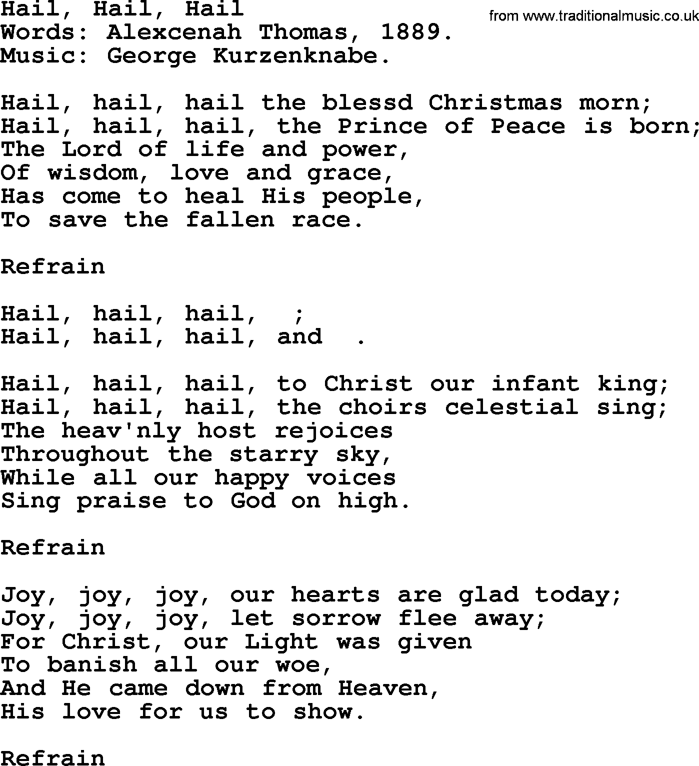 Christmas Hymns, Carols and Songs, title: Hail, Hail, Hail, lyrics with PDF