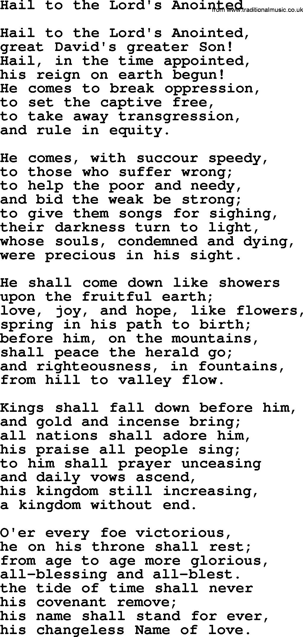 Christmas Hymns, Carols and Songs, title: Hail To The Lord's Anointed, lyrics with PDF