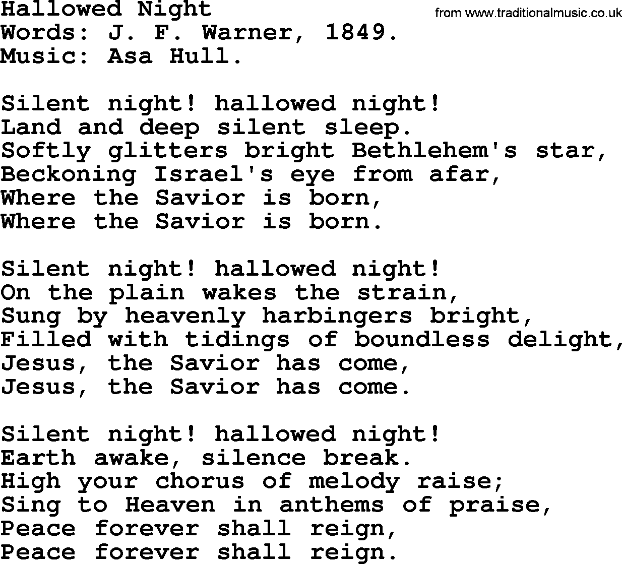 Christmas Hymns, Carols and Songs, title: Hallowed Night, lyrics with PDF