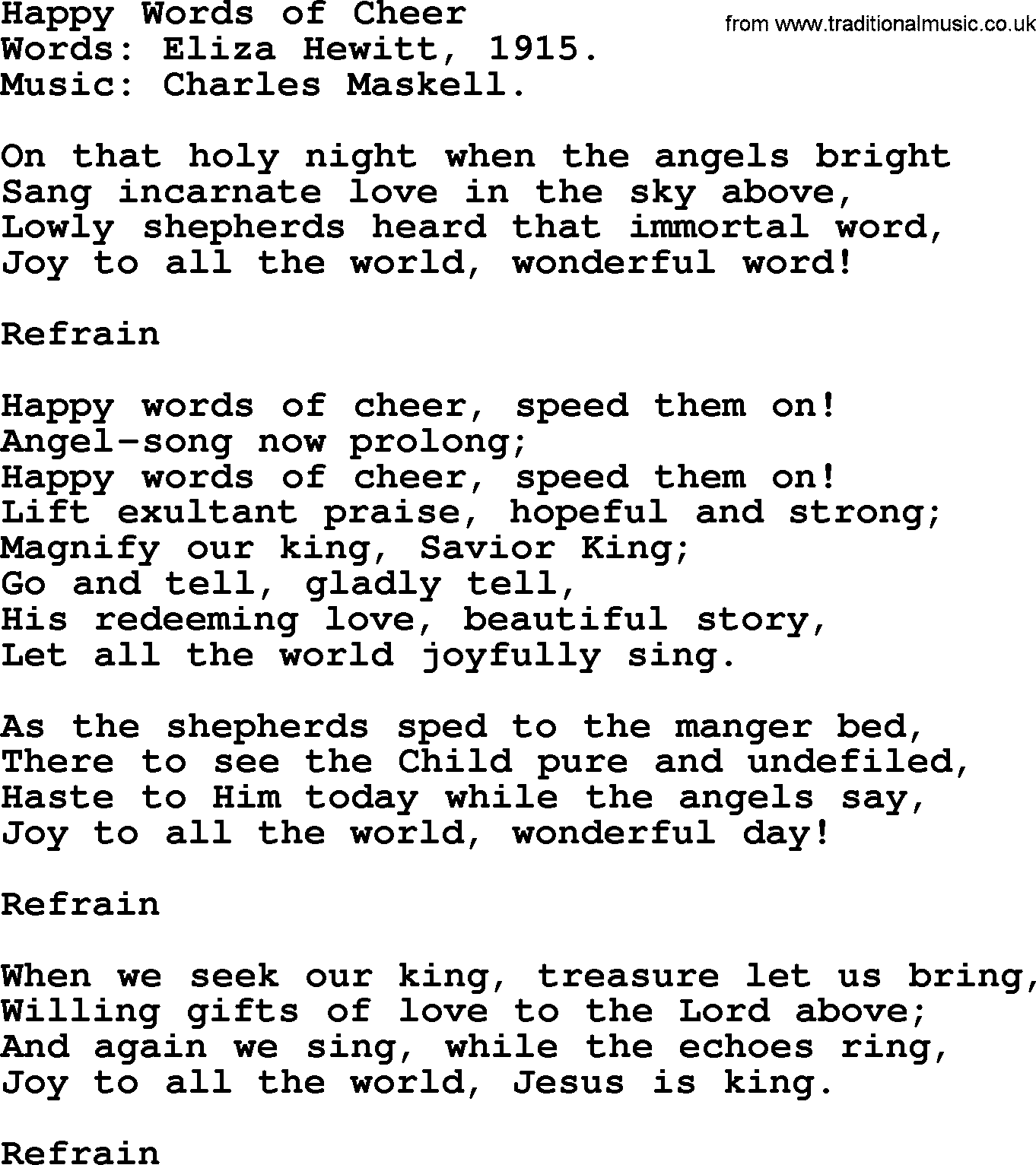Christmas Hymns, Carols and Songs, title: Happy Words Of Cheer, lyrics with PDF