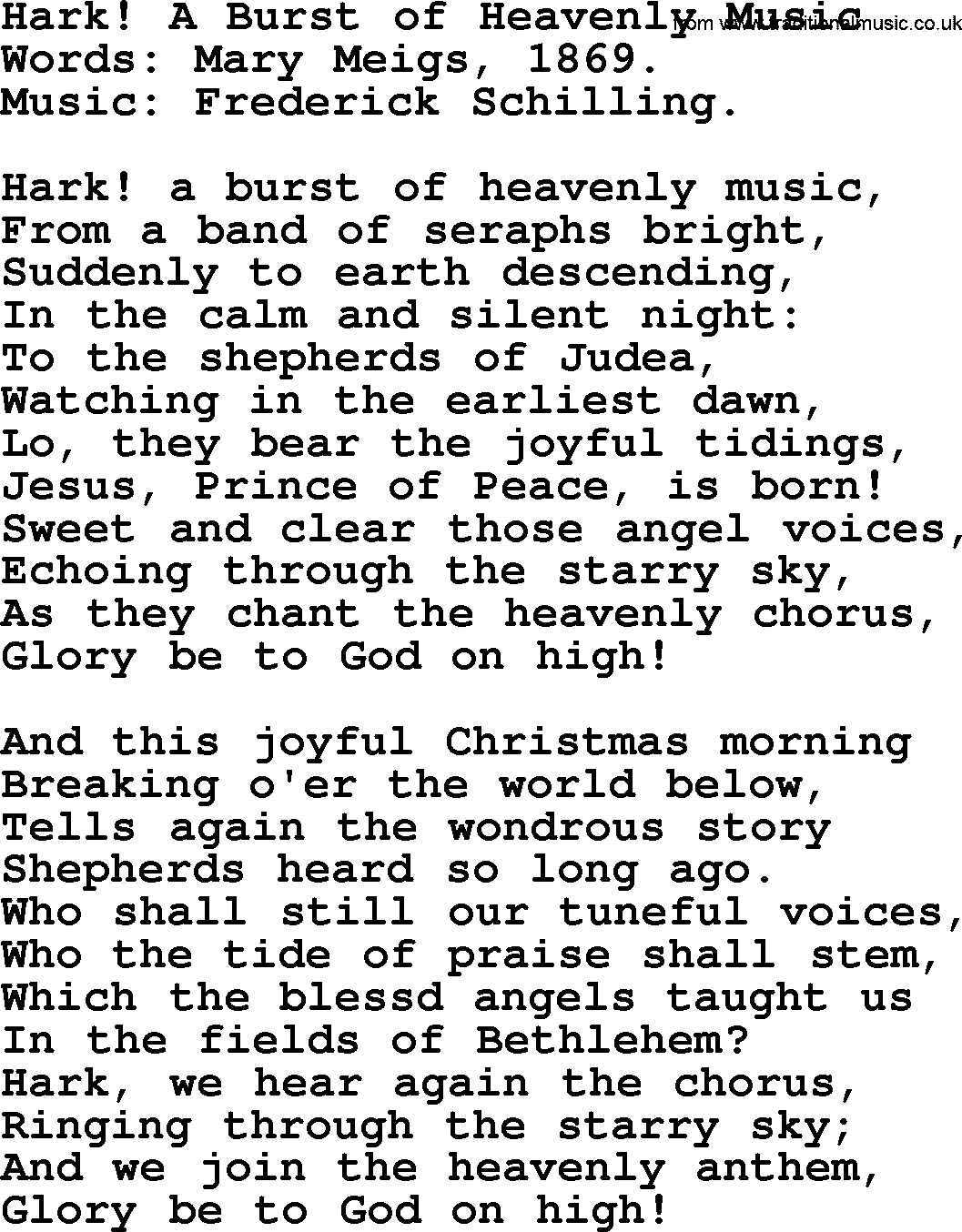 Christmas Hymns, Carols and Songs, title: Hark! A Burst Of Heavenly Music, lyrics with PDF