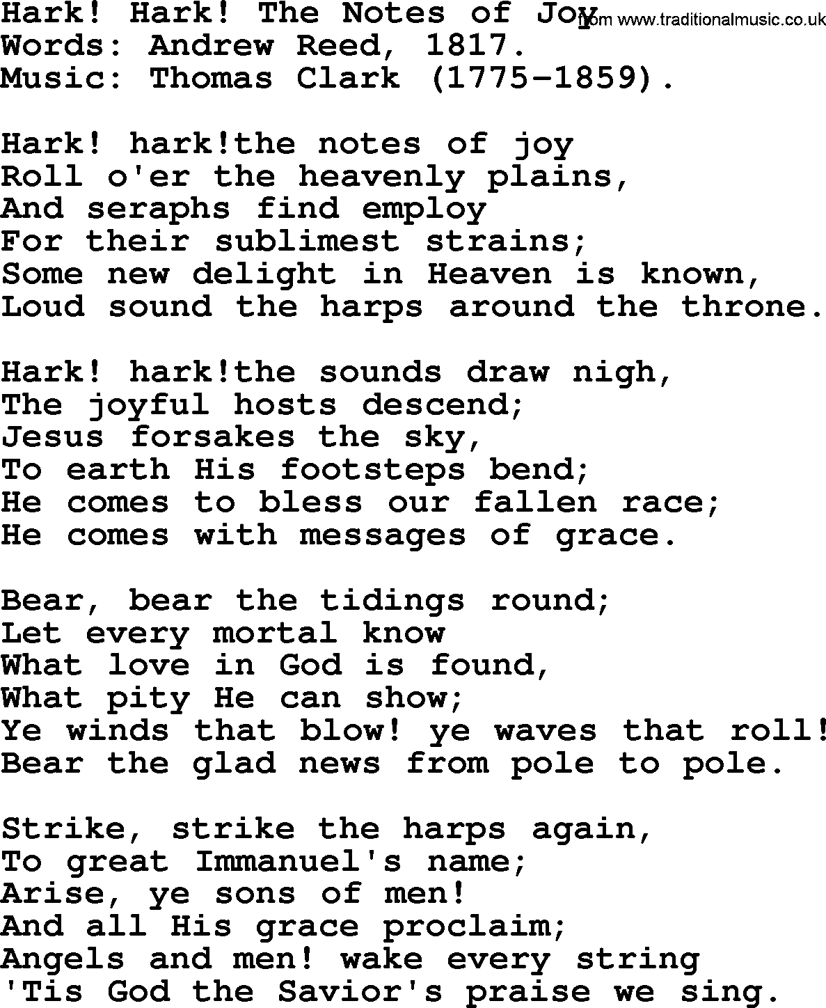 Christmas Hymns, Carols and Songs, title: Hark! Hark! The Notes Of Joy, lyrics with PDF