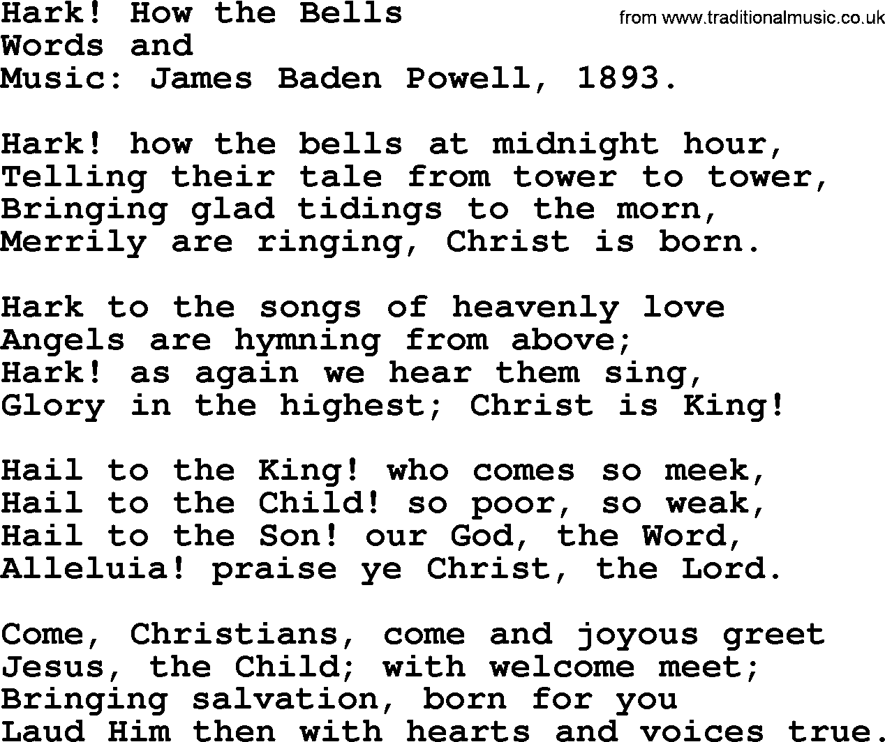 Christmas Hymns, Carols and Songs, title: Hark! How The Bells, lyrics with PDF
