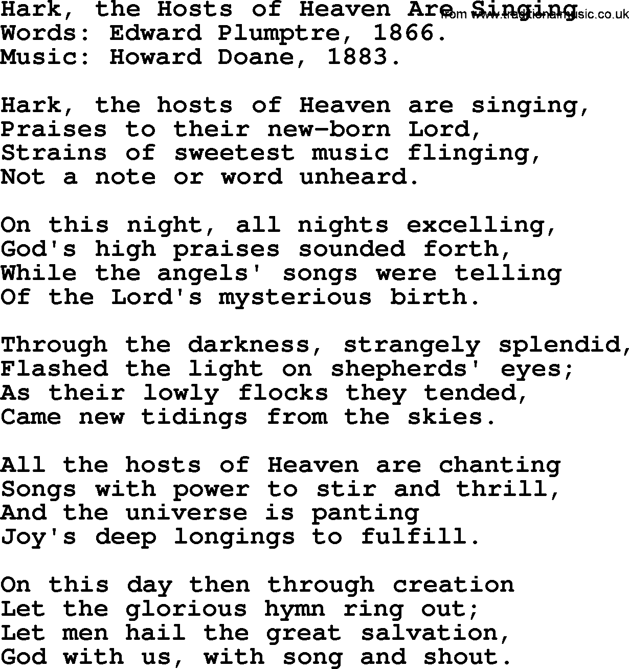 Christmas Hymns, Carols and Songs, title: Hark, The Hosts Of Heaven Are Singing, lyrics with PDF
