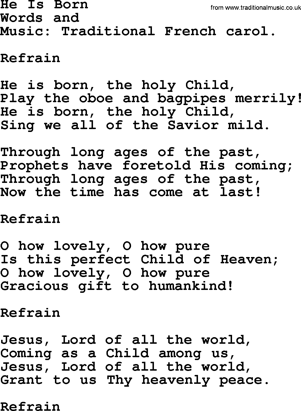 Christmas Hymns, Carols and Songs, title: He Is Born, lyrics with PDF