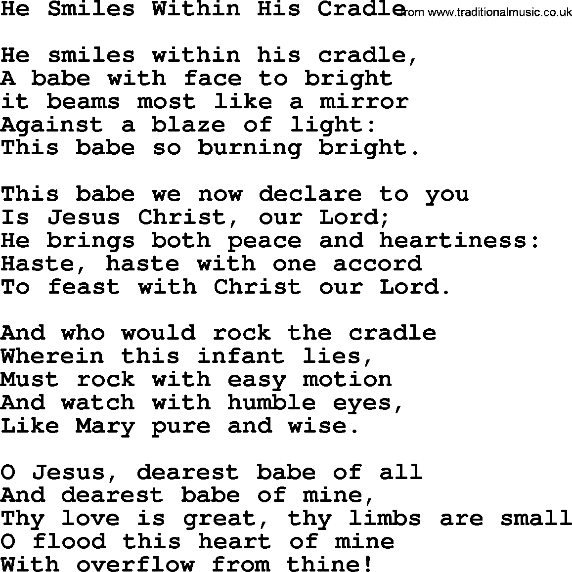 Christmas Hymns, Carols and Songs, title: He Smiles Within His Cradle, lyrics with PDF