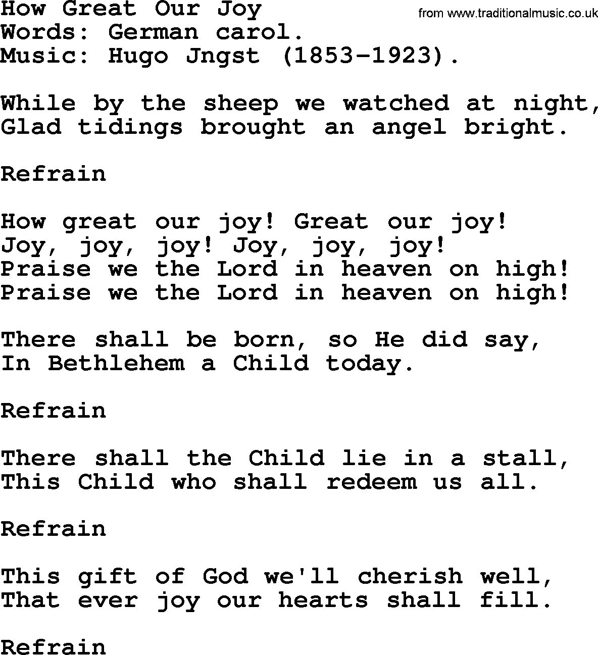 Christmas Hymns, Carols and Songs, title: How Great Our Joy, lyrics with PDF