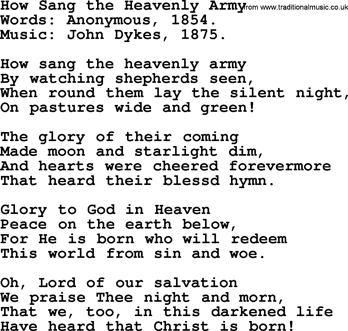 Christmas Hymns, Carols and Songs, title: How Sang The Heavenly Army, lyrics with PDF