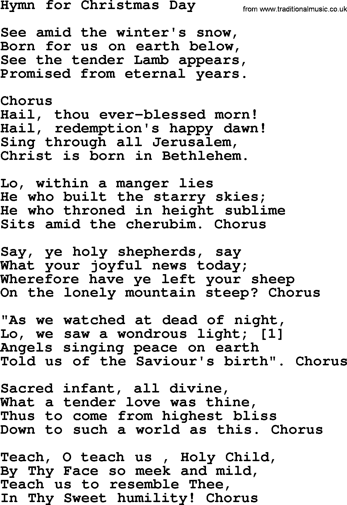 Christmas Hymns, Carols and Songs, title: Hymn For Christmas Day, lyrics with PDF