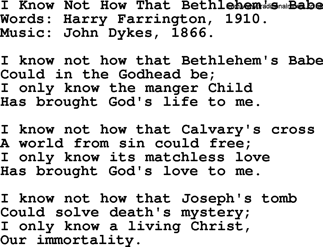 Christmas Hymns, Carols and Songs, title: I Know Not How That Bethlehem's Babe, lyrics with PDF