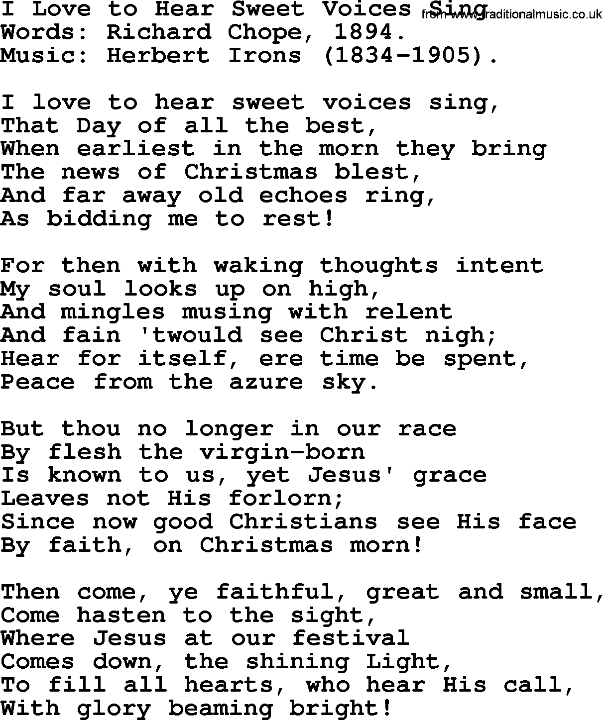 Christmas Hymns, Carols and Songs, title: I Love To Hear Sweet Voices Sing, lyrics with PDF