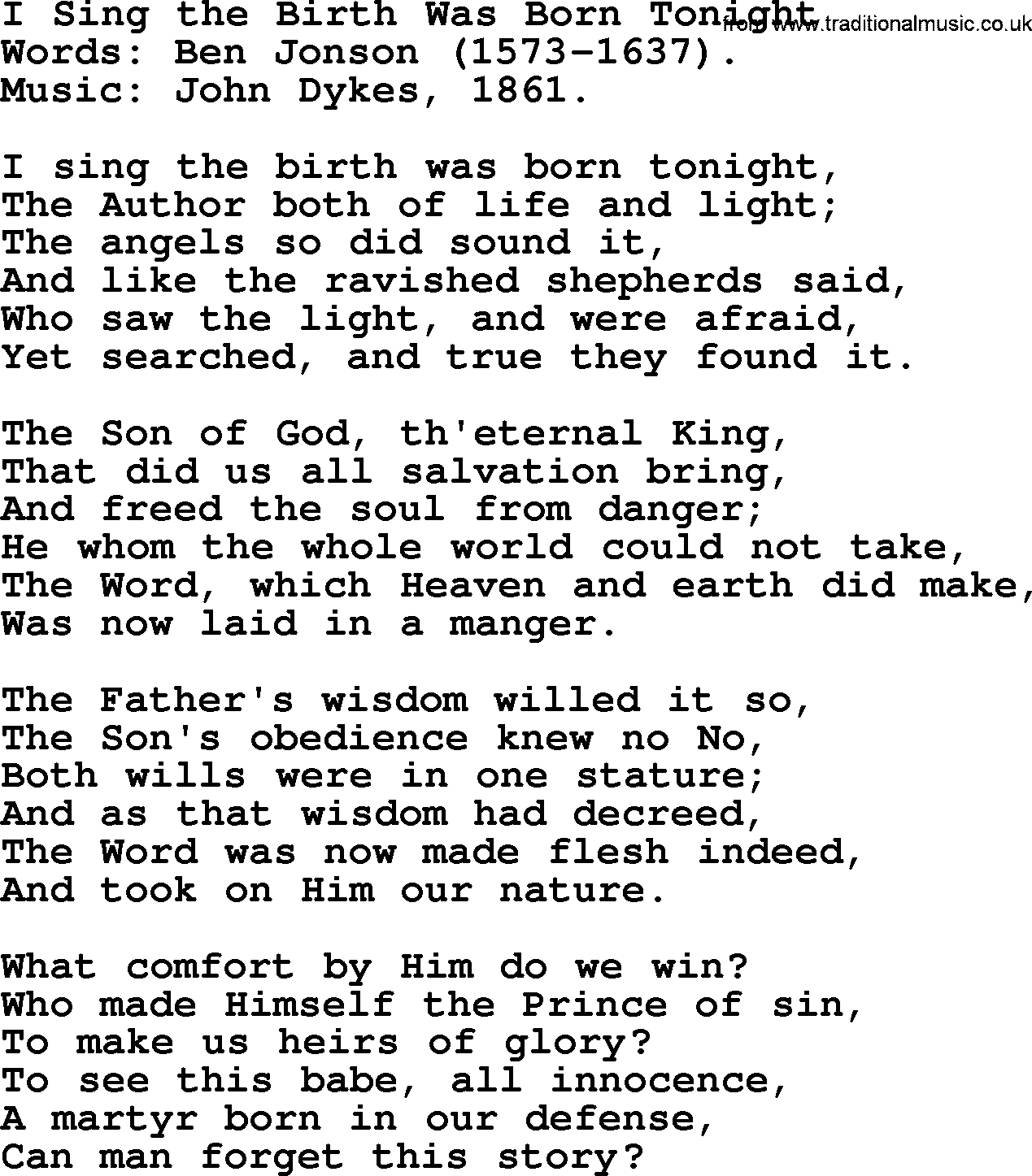 Christmas Hymns, Carols and Songs, title: I Sing The Birth Was Born Tonight, lyrics with PDF