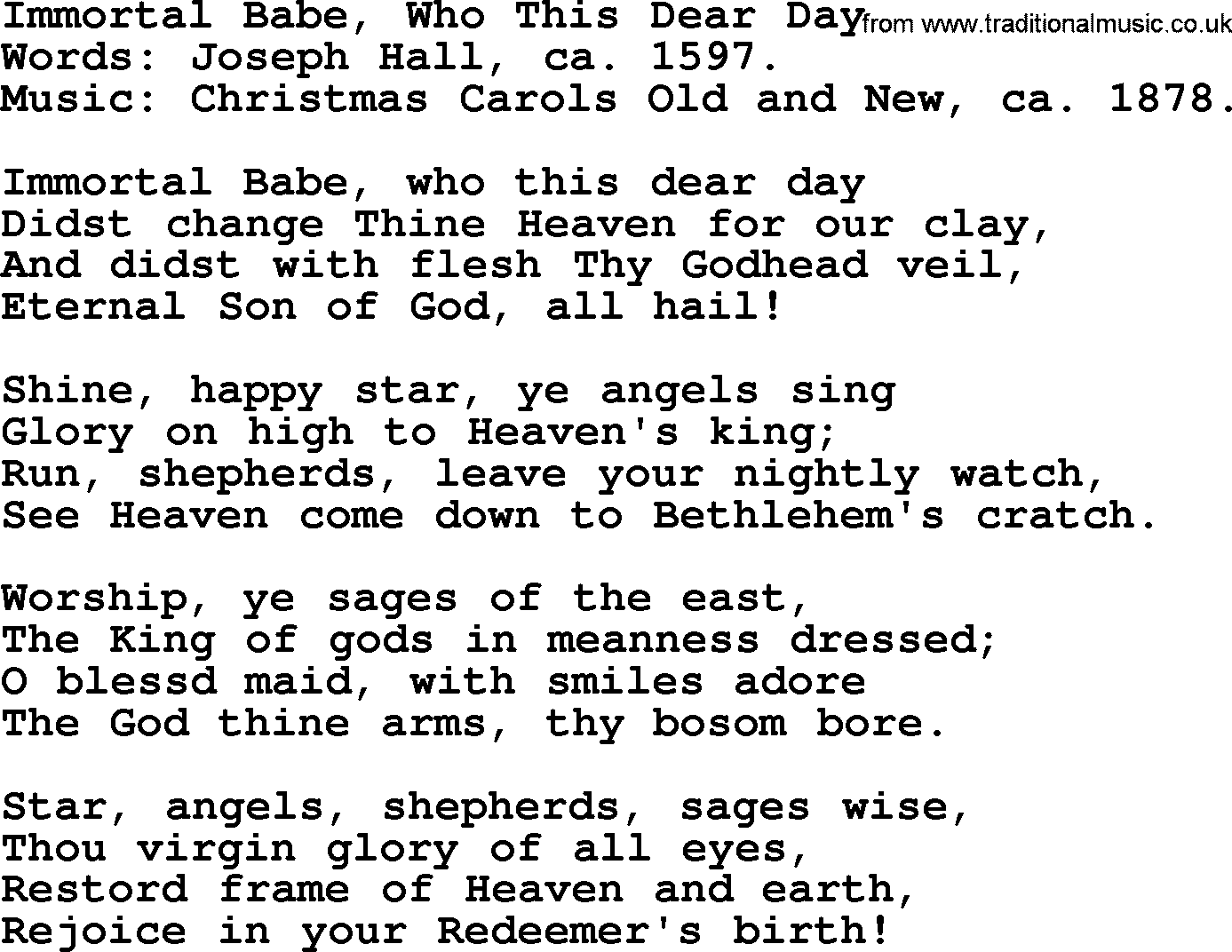 Christmas Hymns, Carols and Songs, title: Immortal Babe, Who This Dear Day, lyrics with PDF