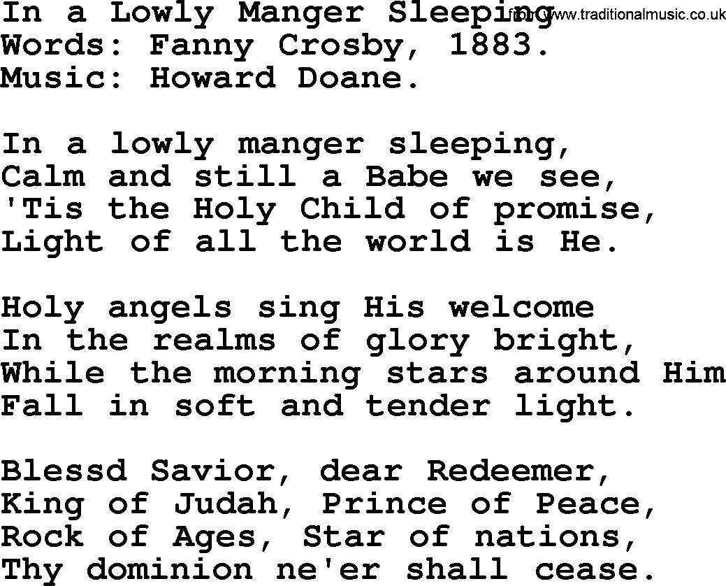 Christmas Hymns, Carols and Songs, title: In A Lowly Manger Sleeping, lyrics with PDF