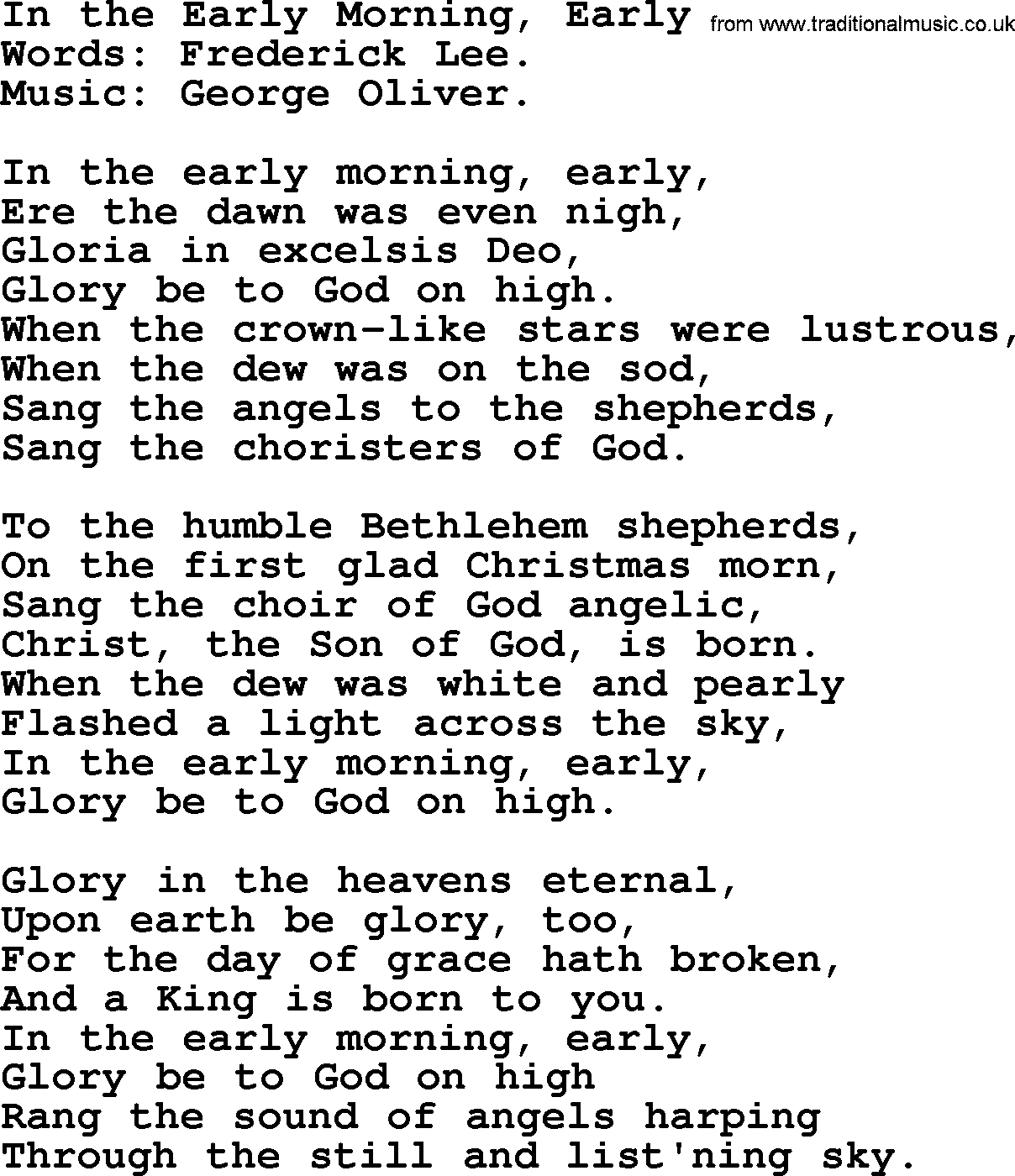 Christmas Hymns, Carols and Songs, title: In The Early Morning, Early, lyrics with PDF