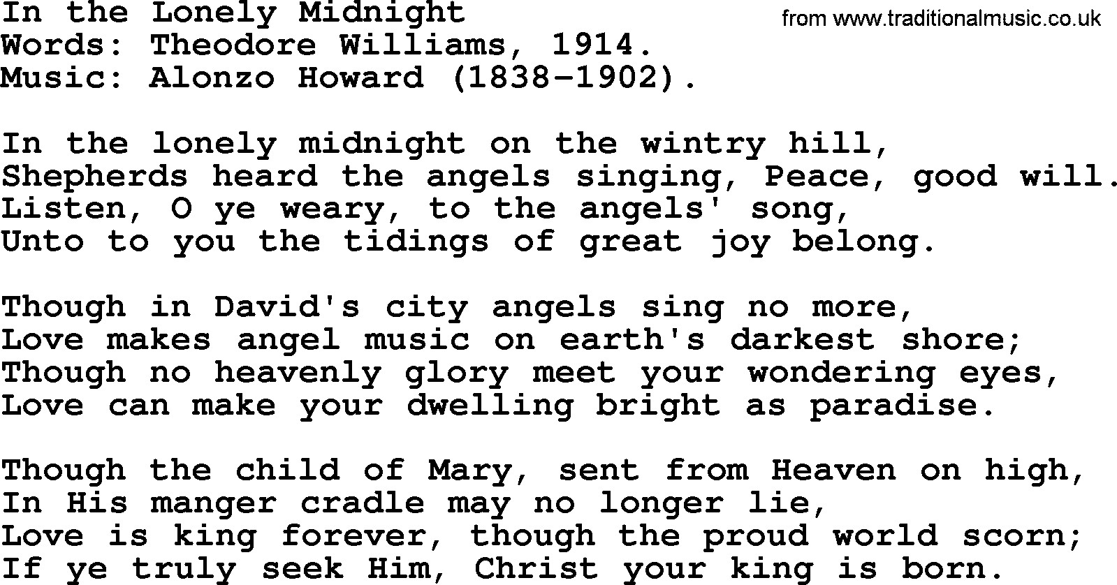 Christmas Hymns, Carols and Songs, title: In The Lonely Midnight, lyrics with PDF