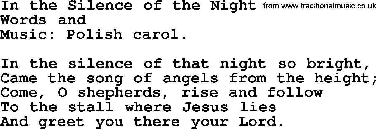 Christmas Hymns, Carols and Songs, title: In The Silence Of The Night, lyrics with PDF