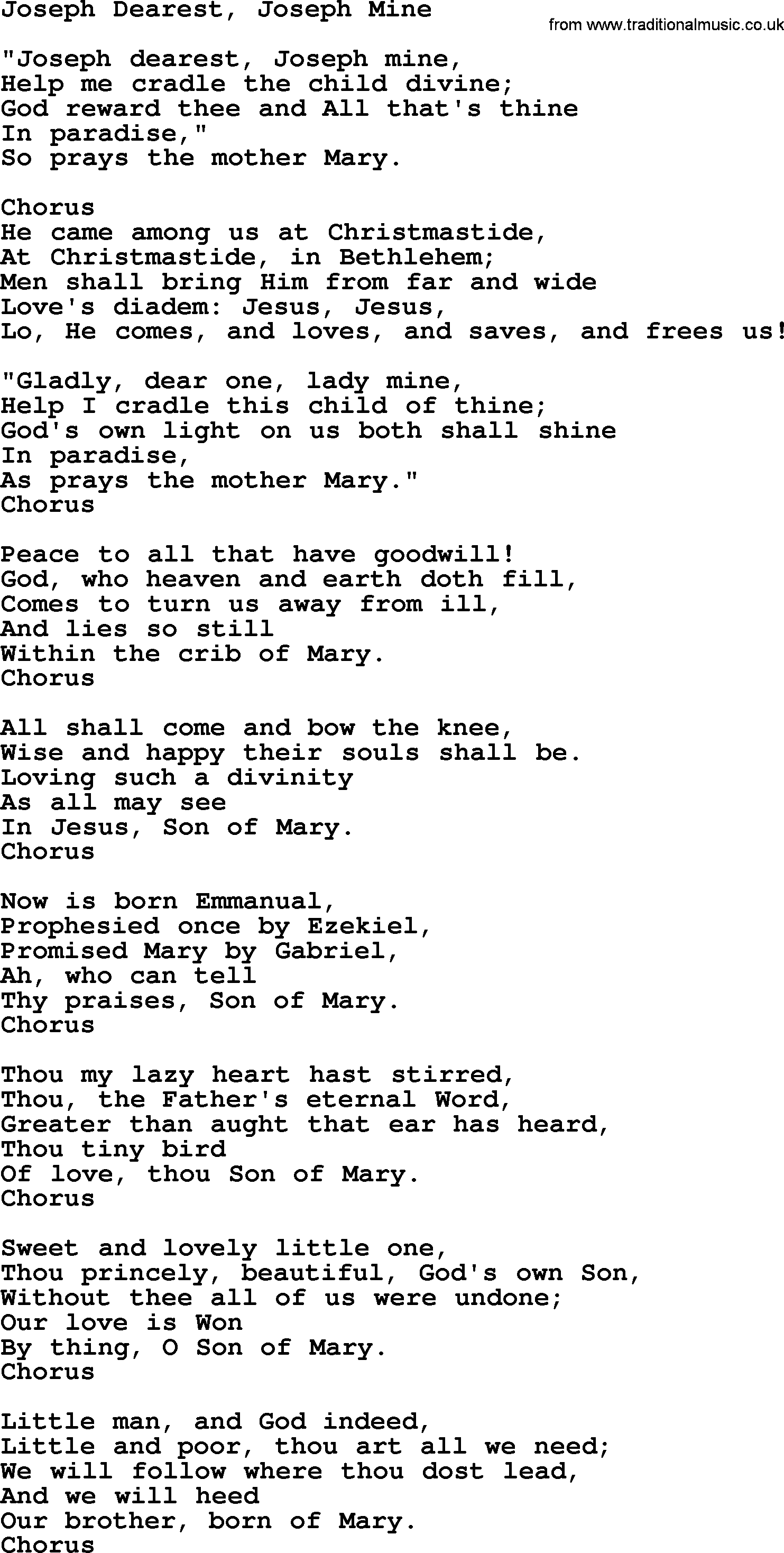 Christmas Hymns, Carols and Songs, title: Joseph Dearest, Joseph Mine, lyrics with PDF